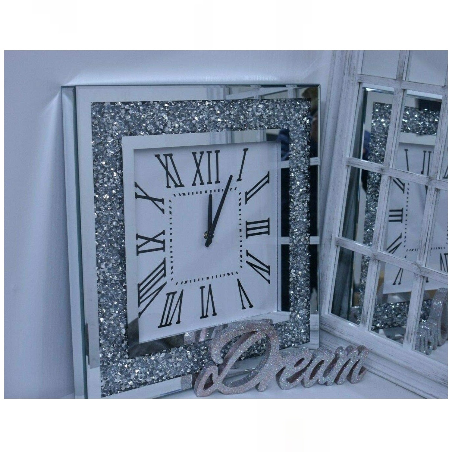 Square Crushed Jewel Mirror Wall Clock Black Hands Roman Diamante - Silver