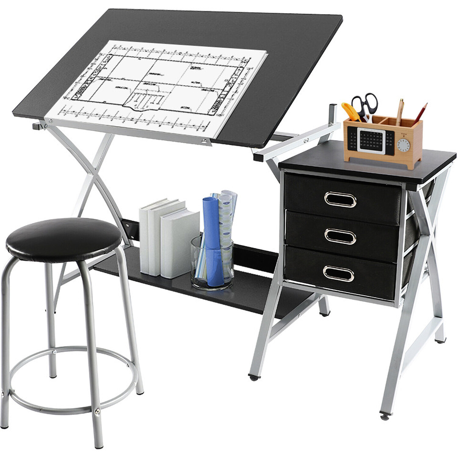 Yaheetech Adjustable Steel Drafting Table With Stool - Black
