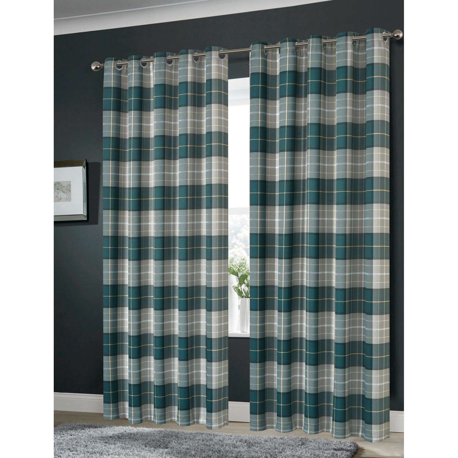 Printed Check Curtains - Emerald Green / 167cm / 228cm