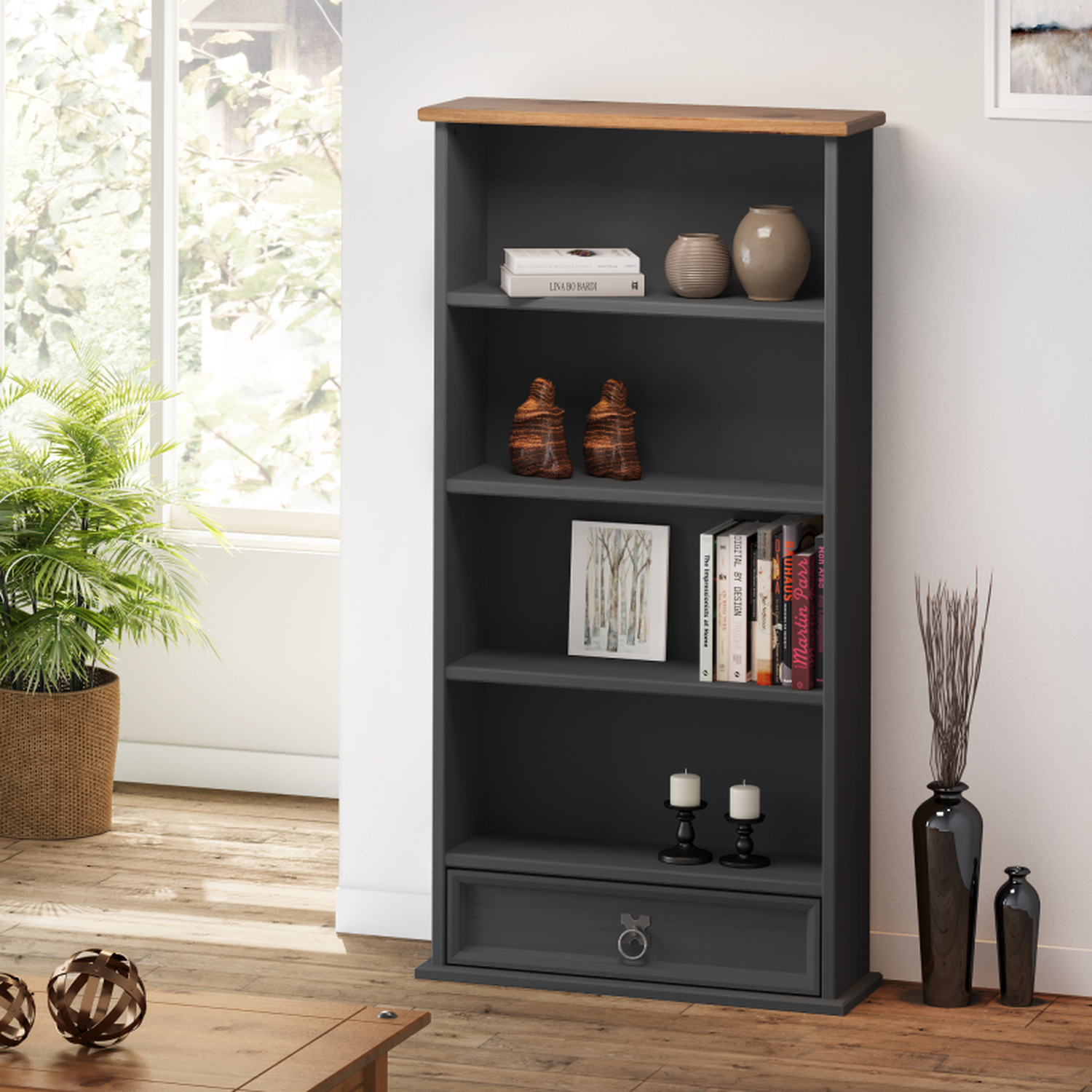 Mercers Furniture Corona Charcoal 1 Drawer Dvd Rack 4 Shelf Media Storage Solid Pine With Mexican Styling, Grey