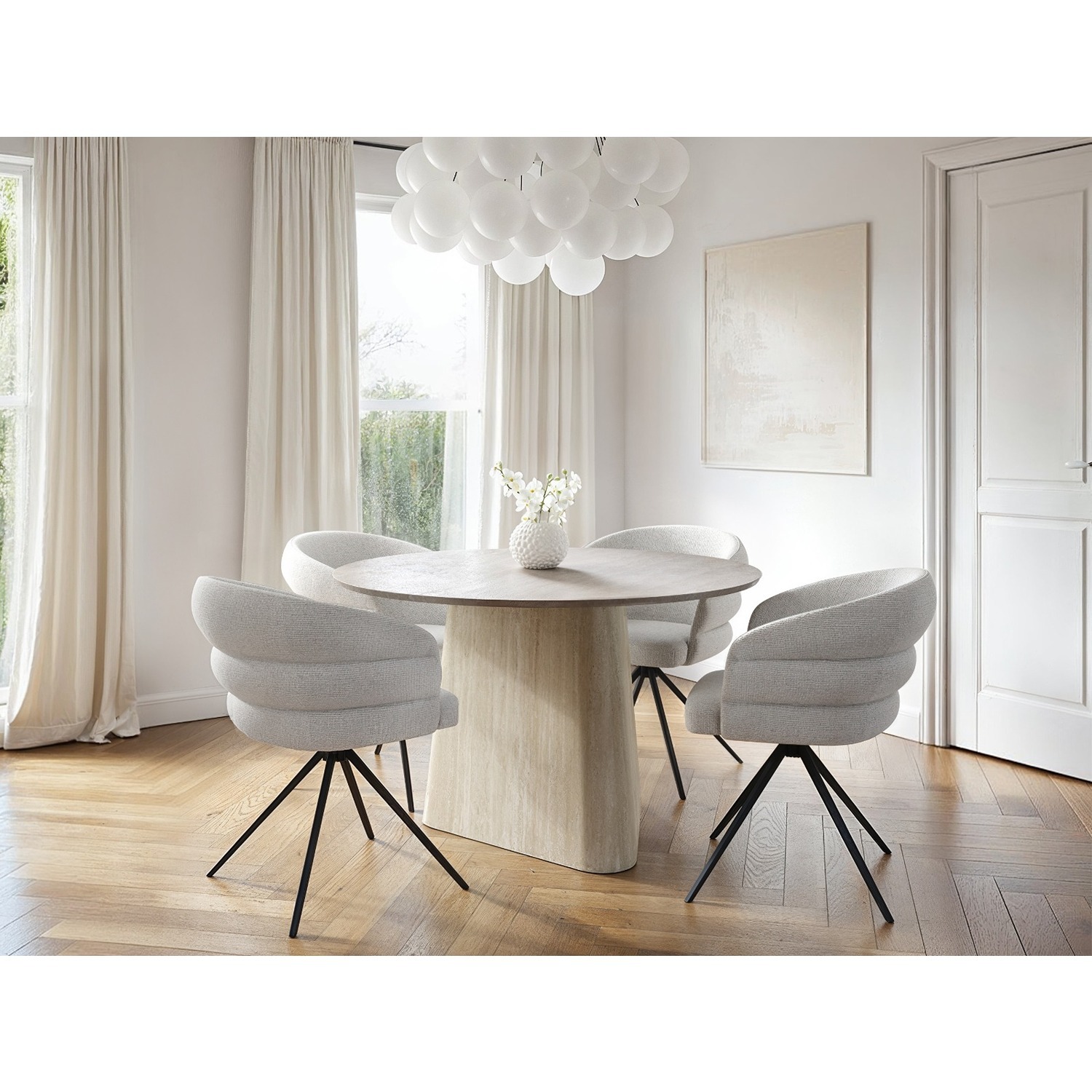 Elin Dining Table with Eira Chairs Set - Beige + Cream