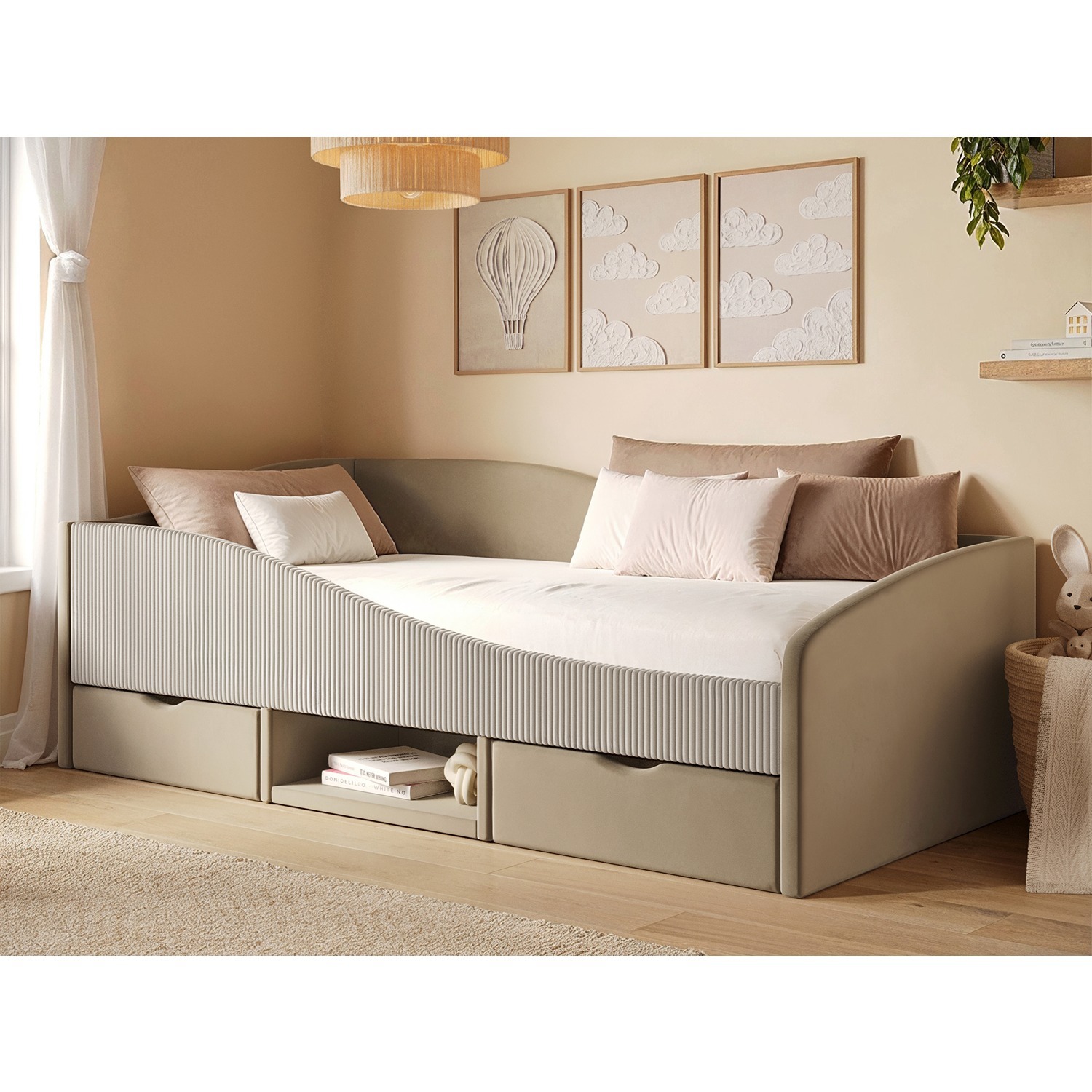 Aubrey Velvet Storage Low Sleeper Bed with Beige Cord - Beige