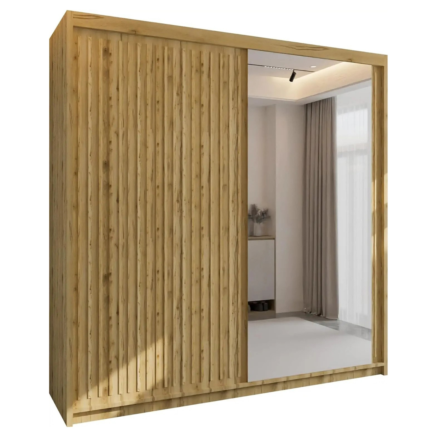 Sliding Wardrobes 4U London Sliding Wardrobe With Mirror Door & Strip Design, Space Saving Sliding Door Wardrobe With Shelves & Hanging Rail - Oak/Oak 150Cm