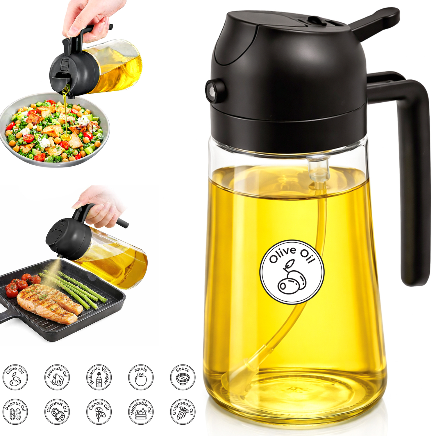 Innoteck 2 In 1 Oil Dispenser And Oil Sprayer Bottle 470Ml 16Oz Black