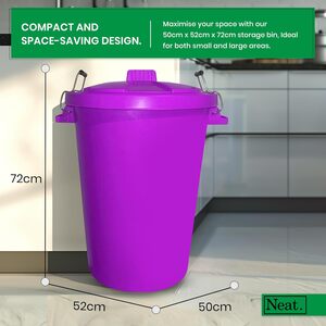 Neat. 90L Large Plastic Bin With Metal Handle, Heavy Duty Kitchen Dustbin With Lid- Purple