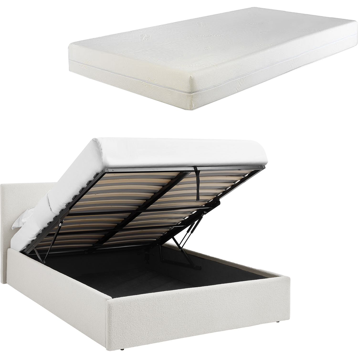 Teddy Boucle 5Ft Kingsize Ottoman Storage Bed White + 15Cm Foam Mattress - Boucle White