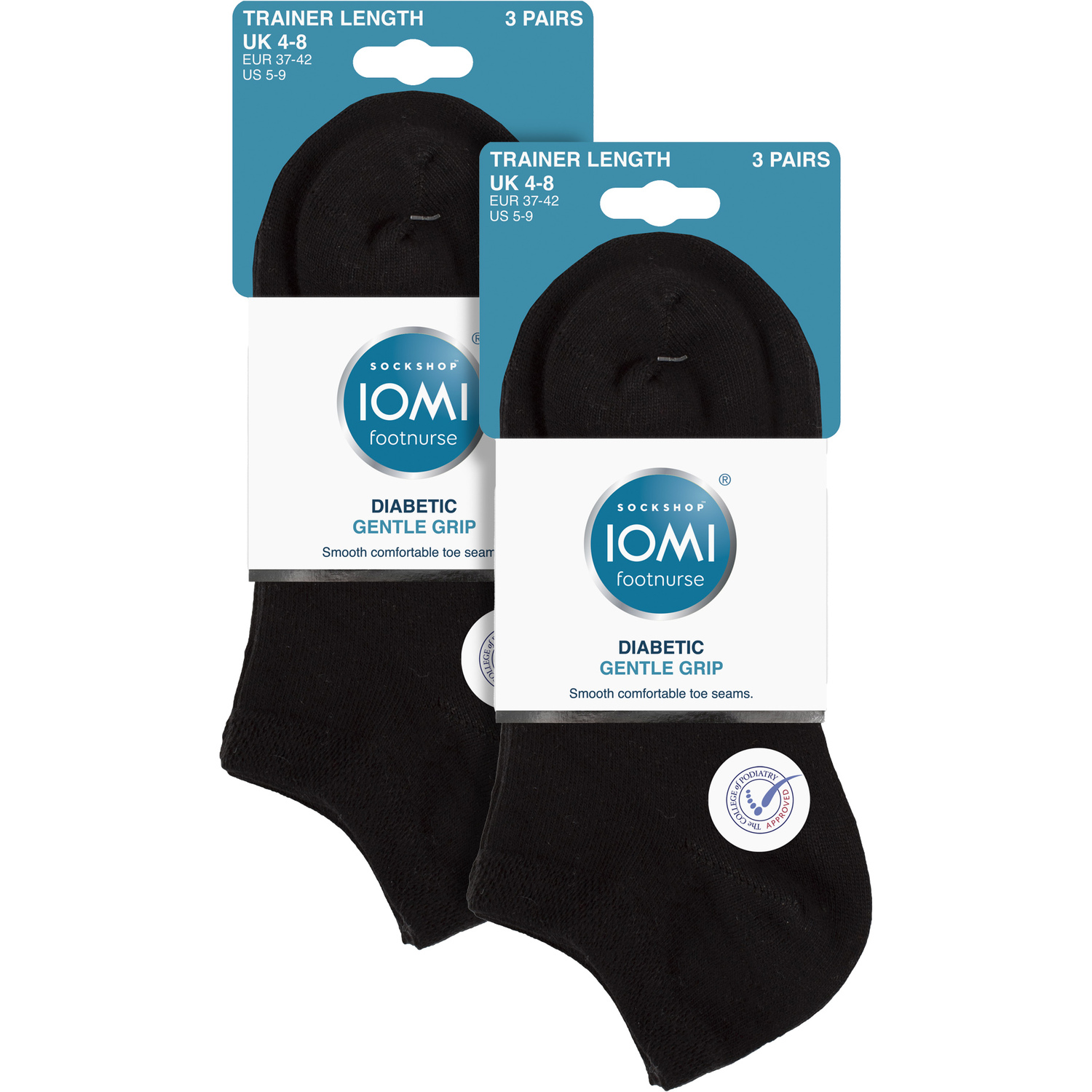 Iomi Women's 6 Pack Diabetic Trainer Socks | Extra Wide Socks for Swollen Feet in Black | Size: 4-8