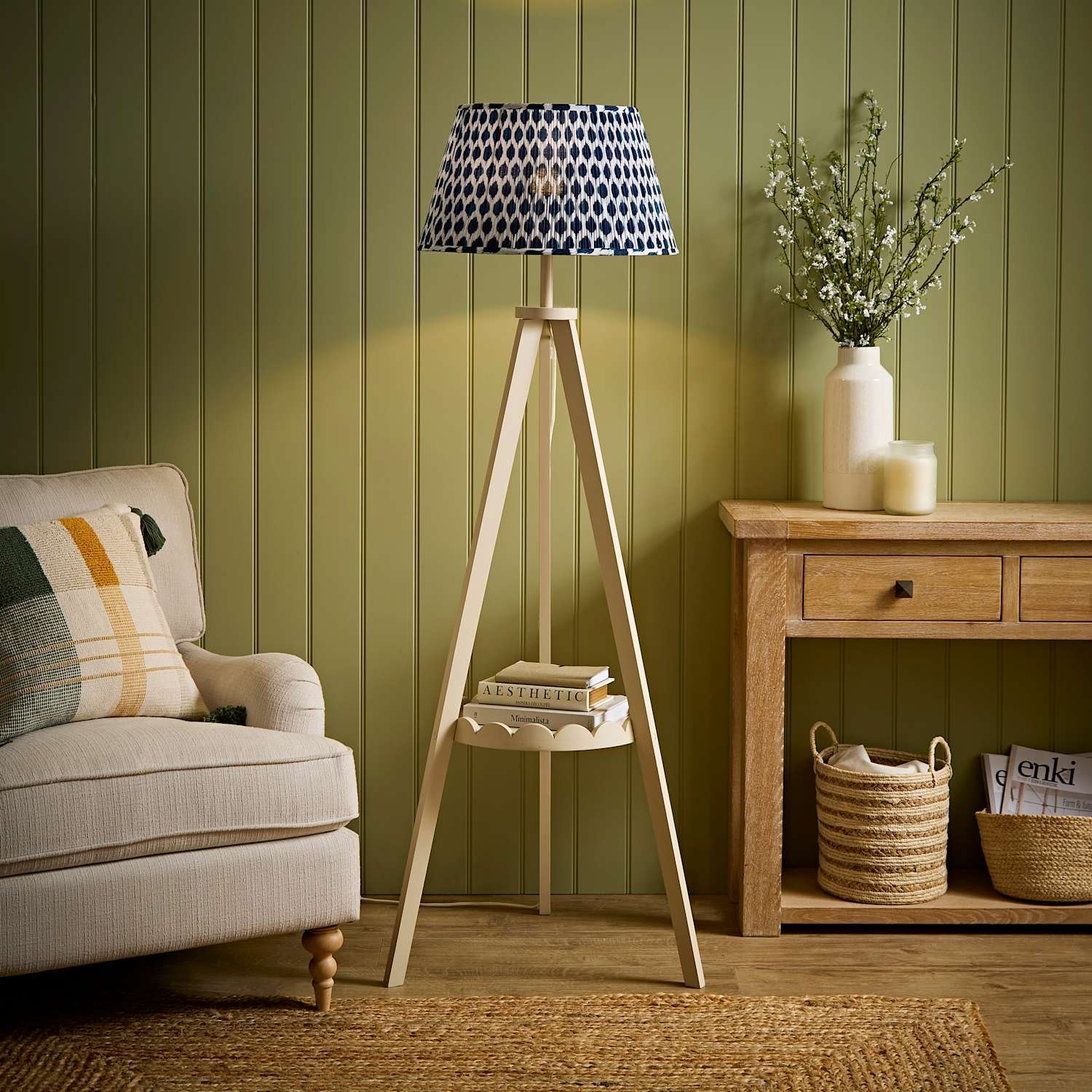 B&Q - Morrigan Ikat Pleated Scallop Shelf Cream Tripod Floor Lamp And Bulb - Image 3