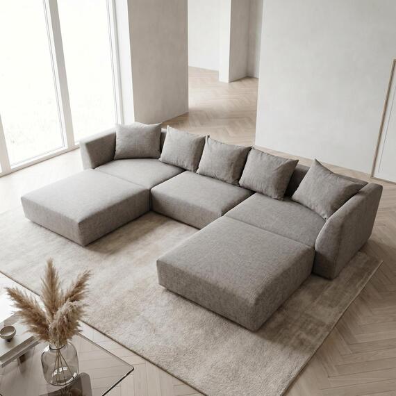 Tokyo U-Shape Modular Sofa in Light Grey Brushed Tweed Fabric with Deep Seat