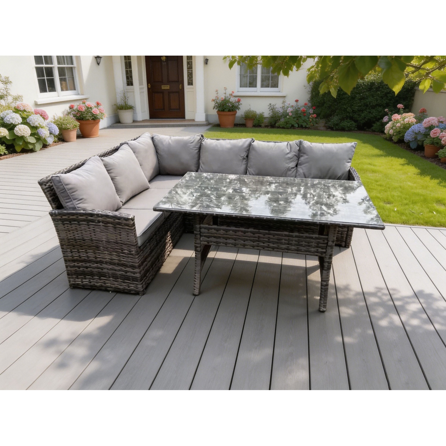 Fimous Unisex Dark Grey High Back Dark Mixed Grey Rattan Corner Sofa Set Outdoor Furniture Rectangular Dining Table Seater In Size 6 - Image 2