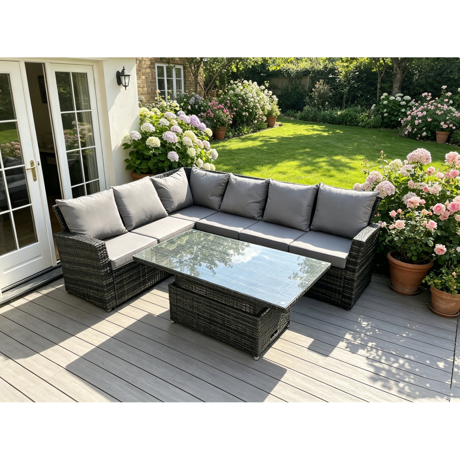 Rackhams Dark/Grey 6 Seater High Back Rattan Corner Sofa Set With Adjustable Table - Image 2