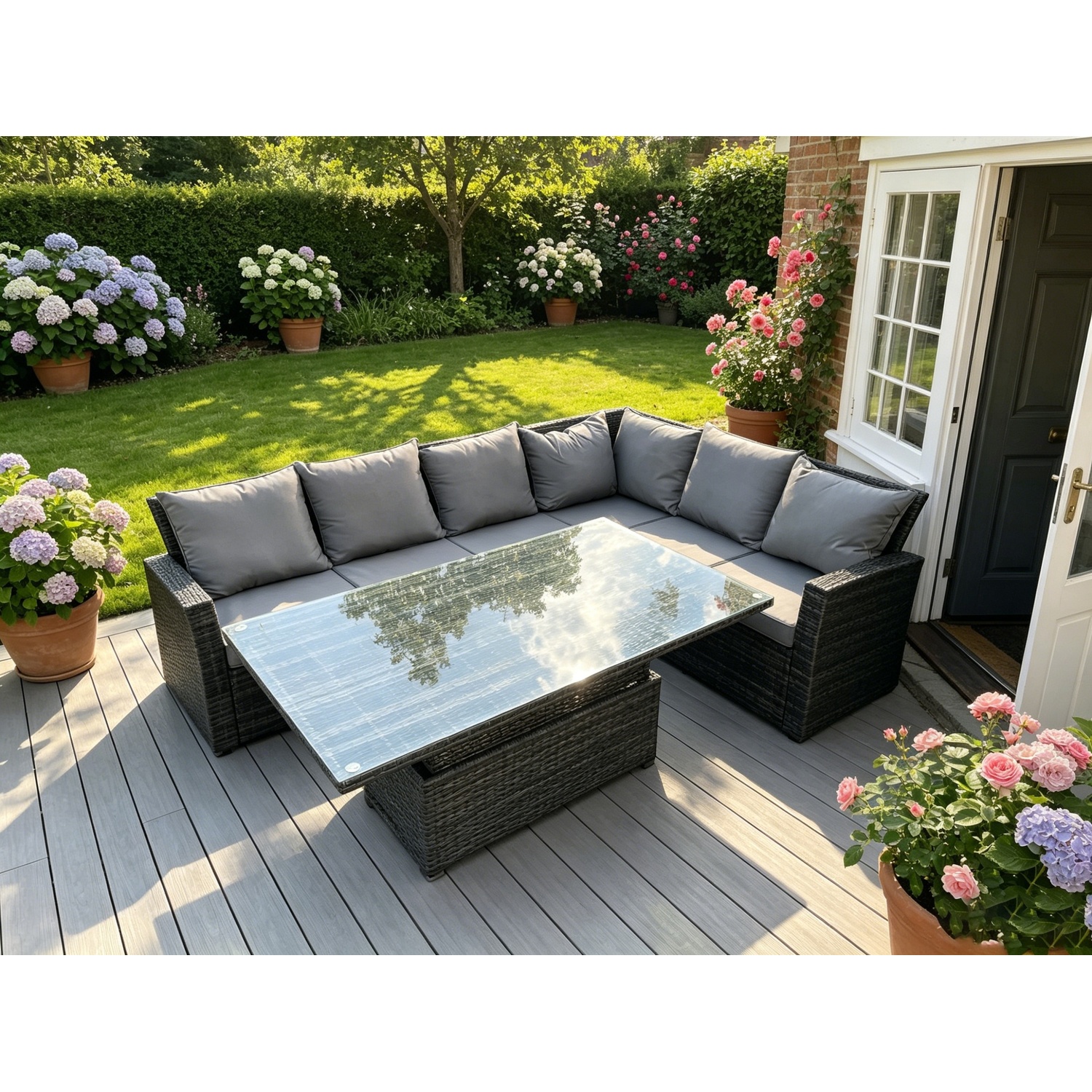 Fimous Pe Rattan Corner Garden Furniture High Back Sofa Set 6 Seater - Dark Grey Mixed - Image 1