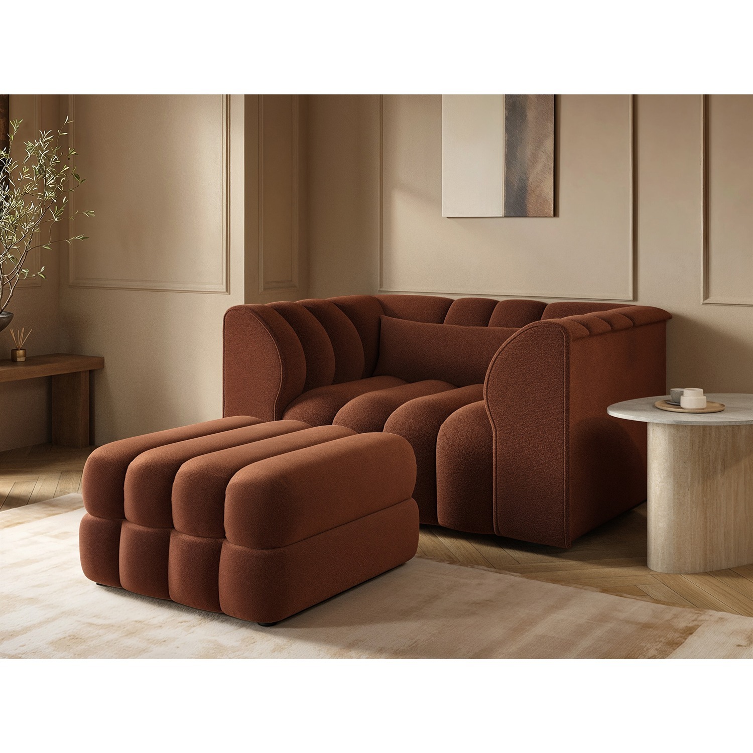 Solace+Co Halle Channel Tufted Loveseat With Storage Footstool - Orange - Image 1