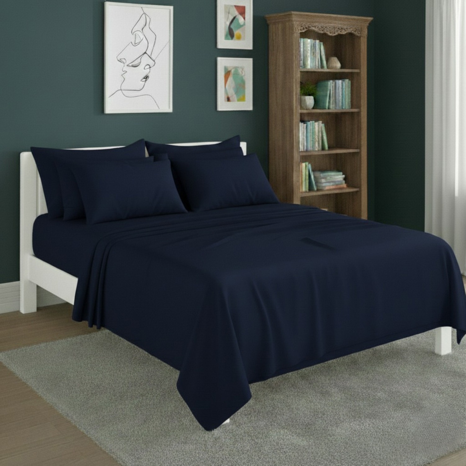 Snug City Plain Poly Cotton Easy Care Fitted Flat Sheet Matching Pillowcases Set in Navy | Size: Double