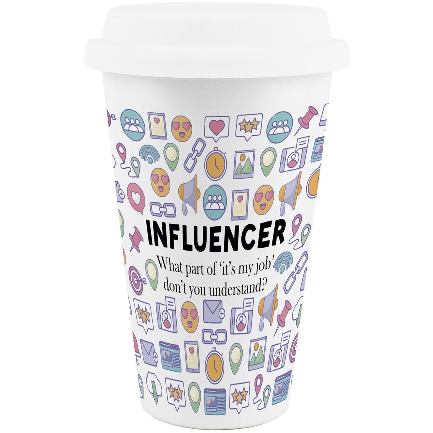 Purely Home Novelty Influencer Ceramic Travel Mug - Reusable Drinks Cup Gift - White