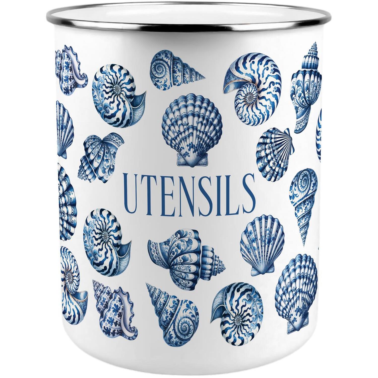 Blue Seashells Metal Utensil Pot - XL Organiser for Kitchen Countertop Gift - Image 2