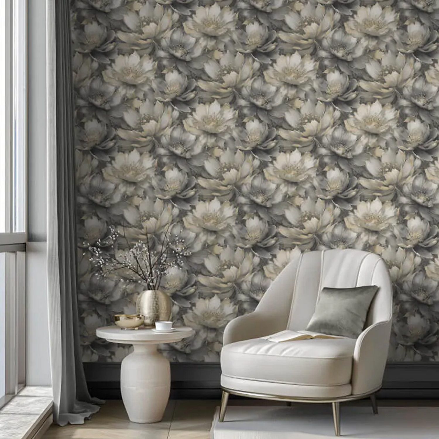 B&Q - Charcoal Gold Floral Wallpaper 3D Effect Metallic Shimmer Feature Wall Lounge - Image 2