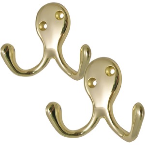 4 Pack of Brass Double Coat Hooks Door & Wall Robe Dress Garment Hangers