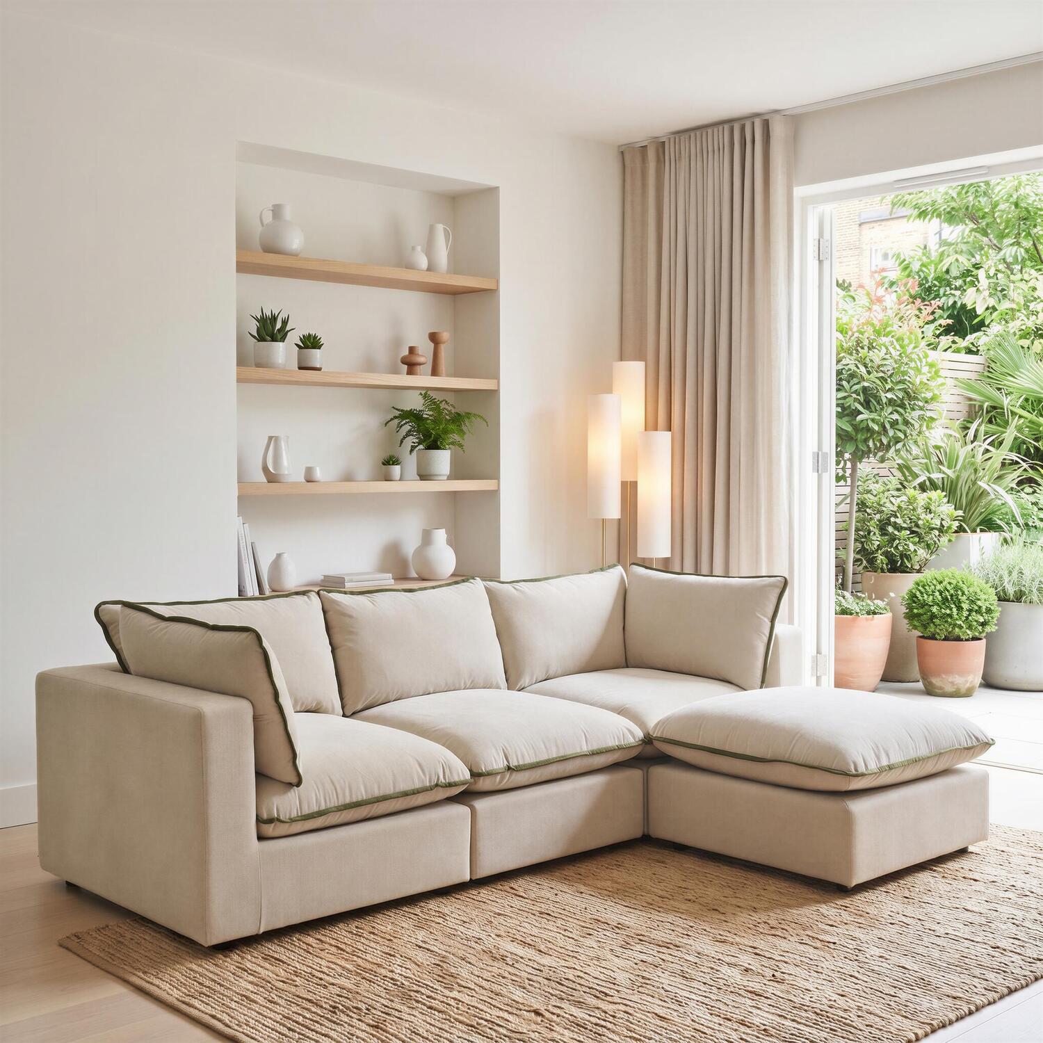 Furniturebox Uk Echo Cream & Green Trim Linen-Look Fabric 3 Seater Modular Chaise Sofa