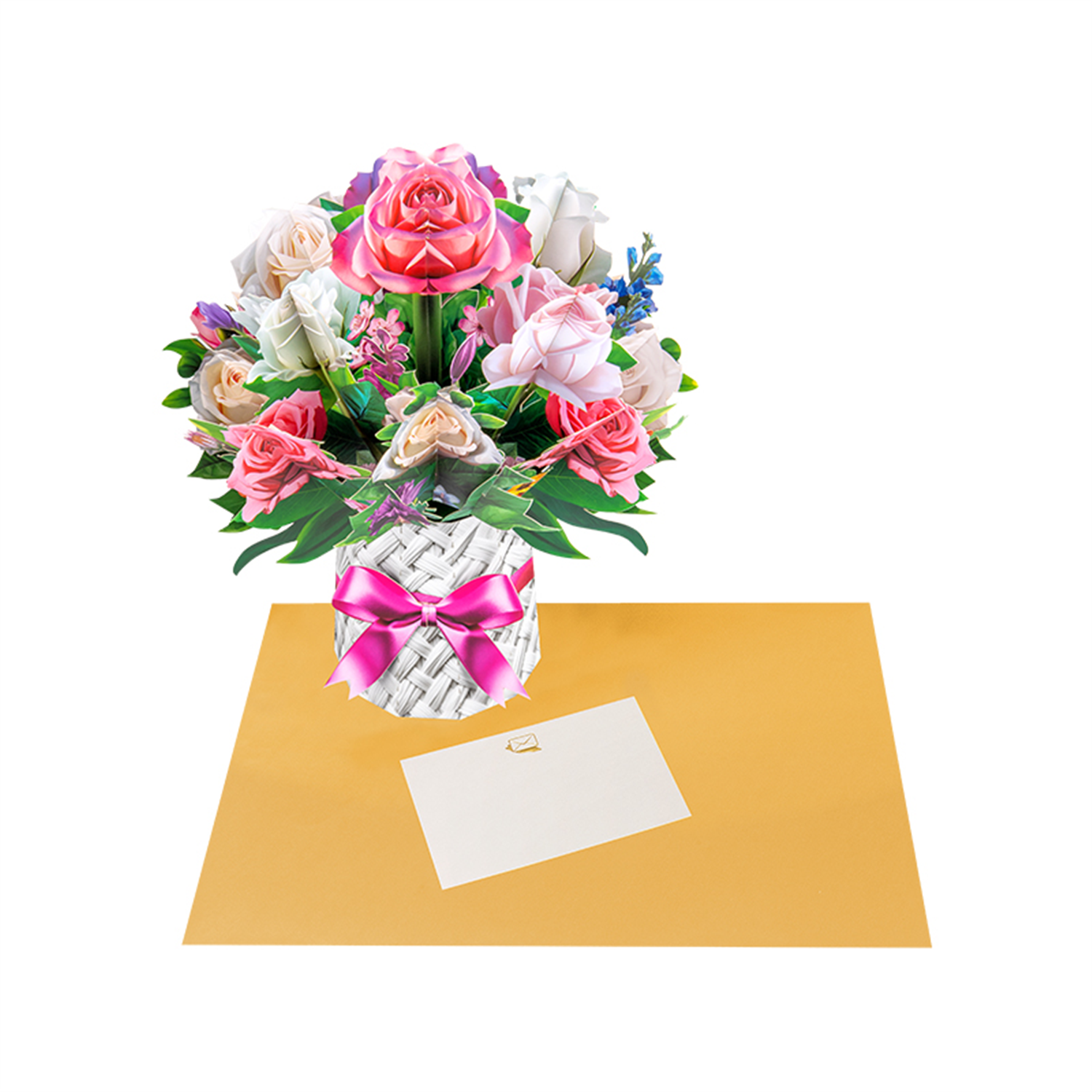 Brightfeel Pink And White Rose Bouquet In Basket Design 3D Pop Up Greeting Card - Multi