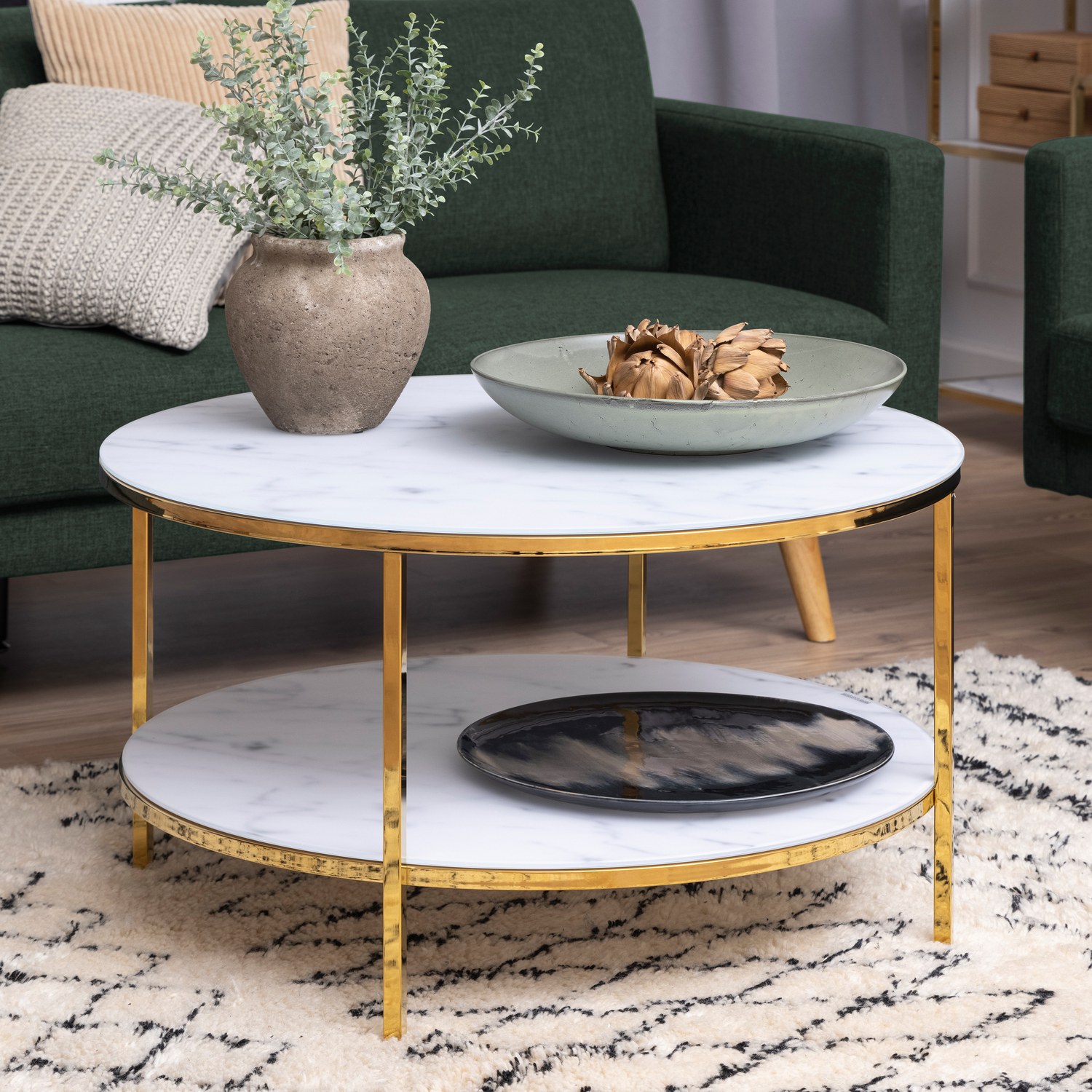 Furniture To Go Alisma Round Coffee Table With White Crystal Clear Marble Glass Top & Gold Legs - White Marble & Gold
