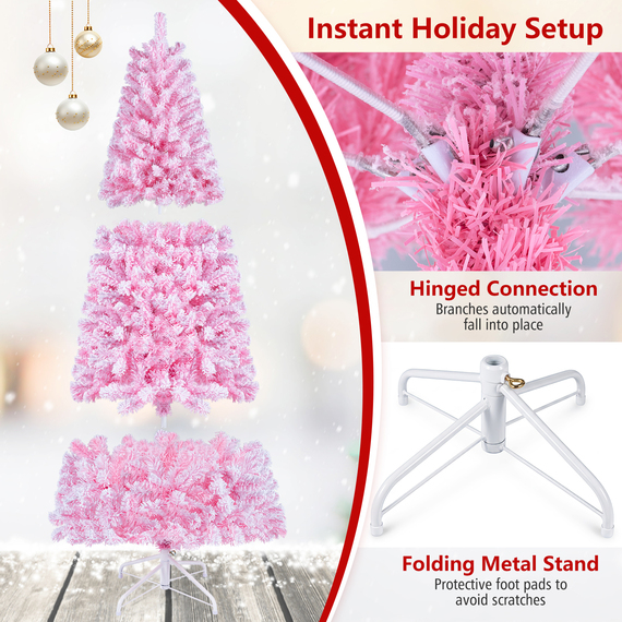 6FT Pink Flocked Pencil Christmas Tree Hinged Artificial Fir Xmas Tree