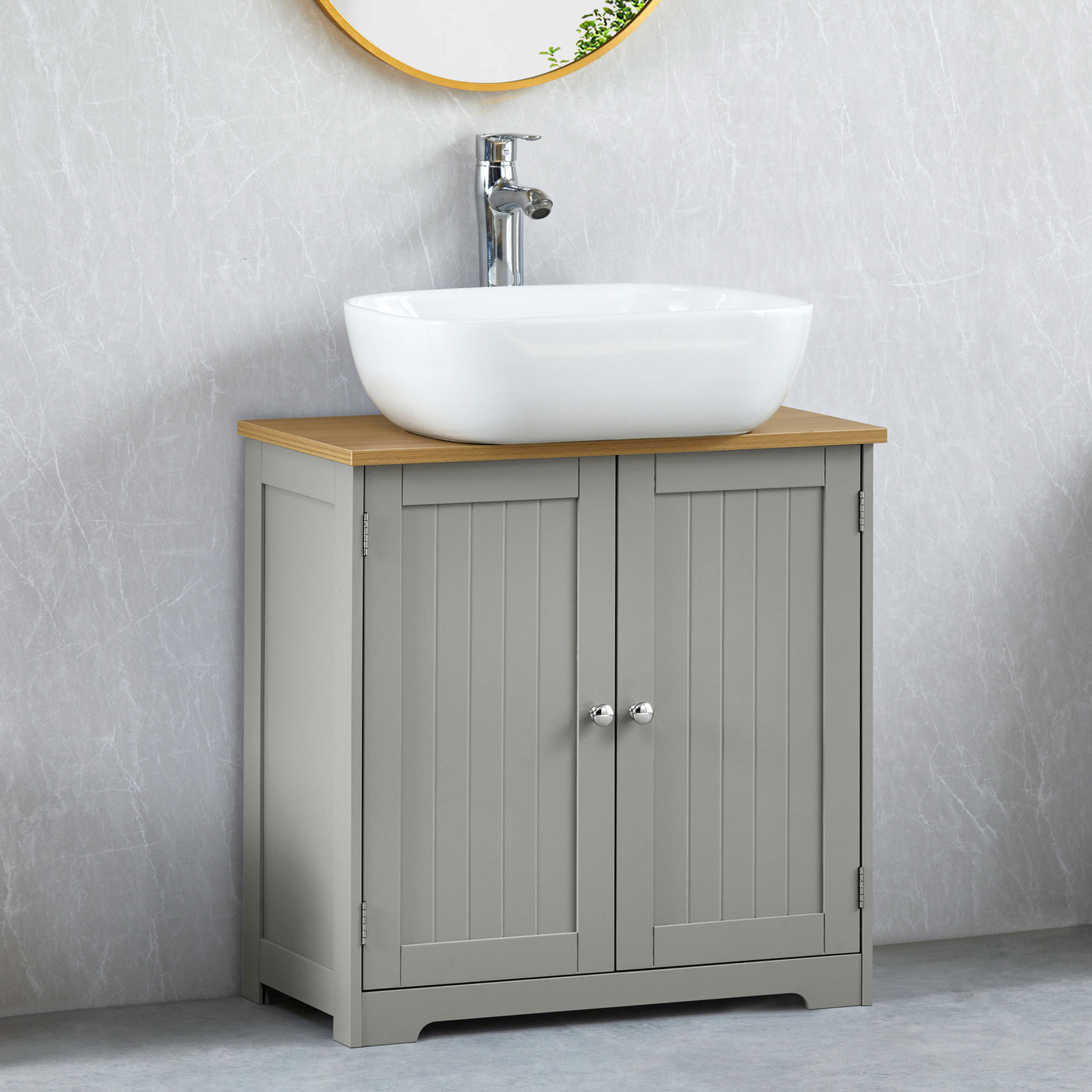 Bath Vida Priano 2 Door Bathroom Floor Under Sink Cabinet, Grey & Oak | Under Sink Cabinet, Space-Saving, Smart Storage, Adjustable Shelves, Anti-Tip Kit, Modern Style, H60 x W60 x D30 cm - Image 2