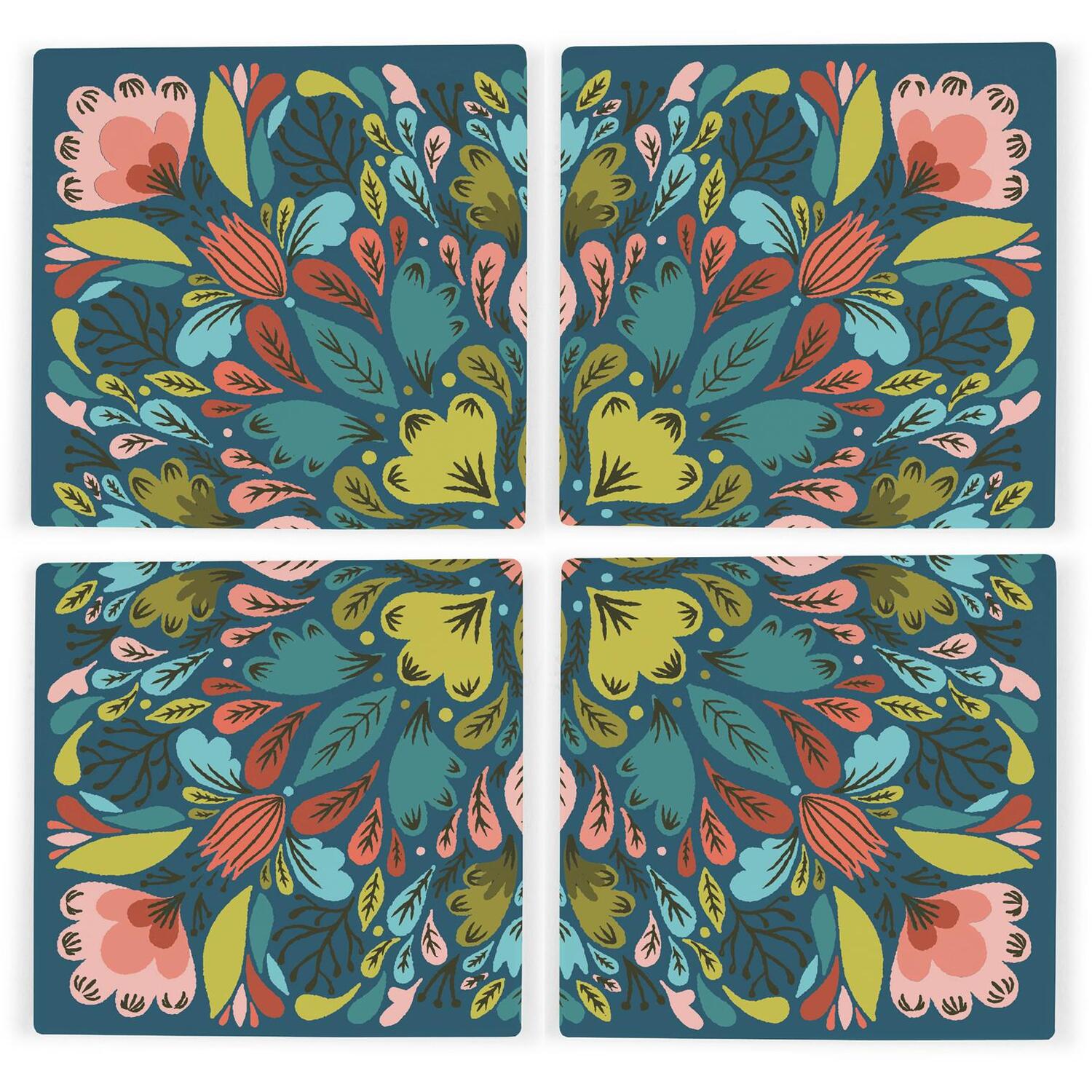 Purely Home Mosaic Floral Coaster Set - Foliage Themed Set Of 4 Square Ceramic Coasters - Blue - Image 1