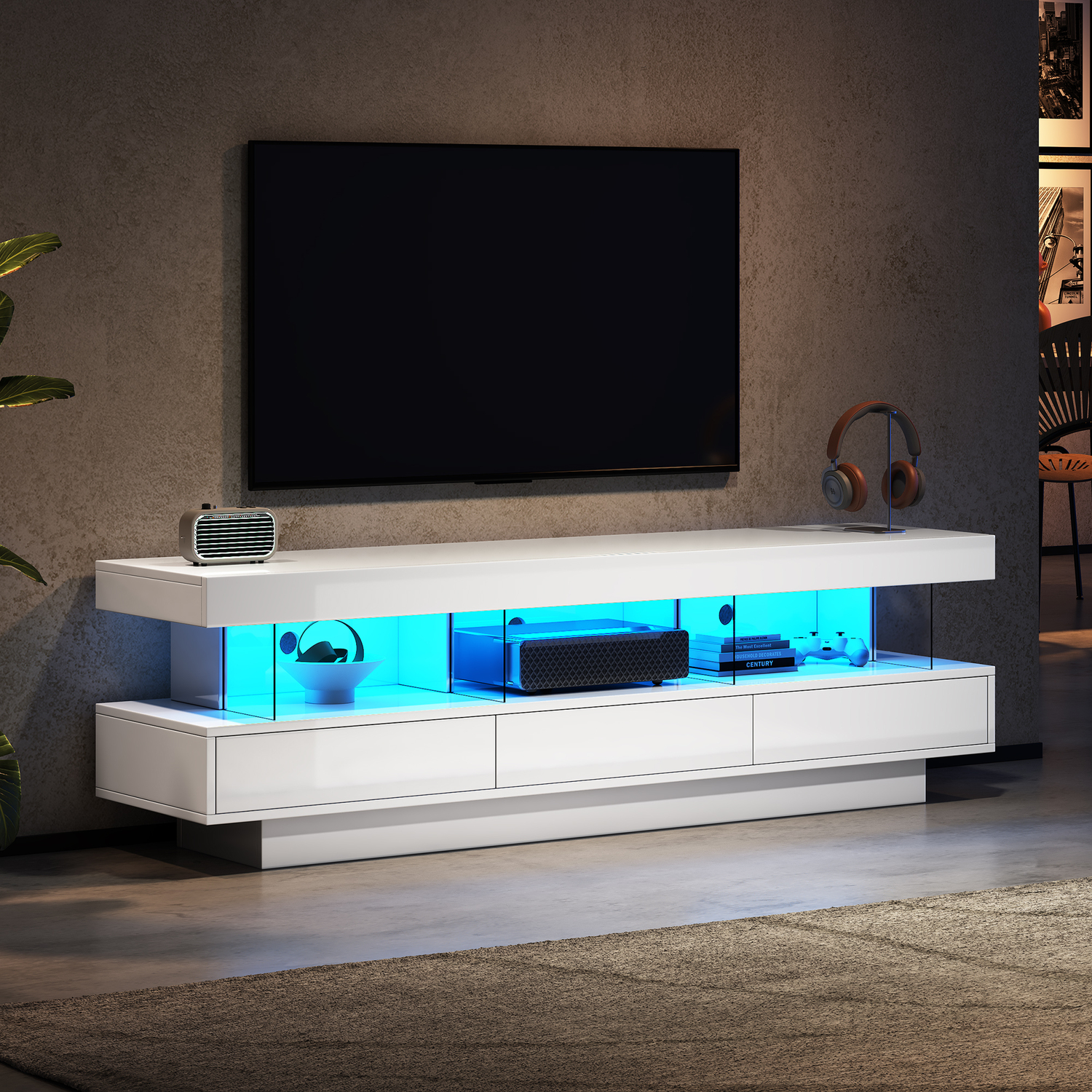 Aka High Gloss Tv Stand With 3 Drawers, 3 Open Storage Compartments And Led Lights, White - White