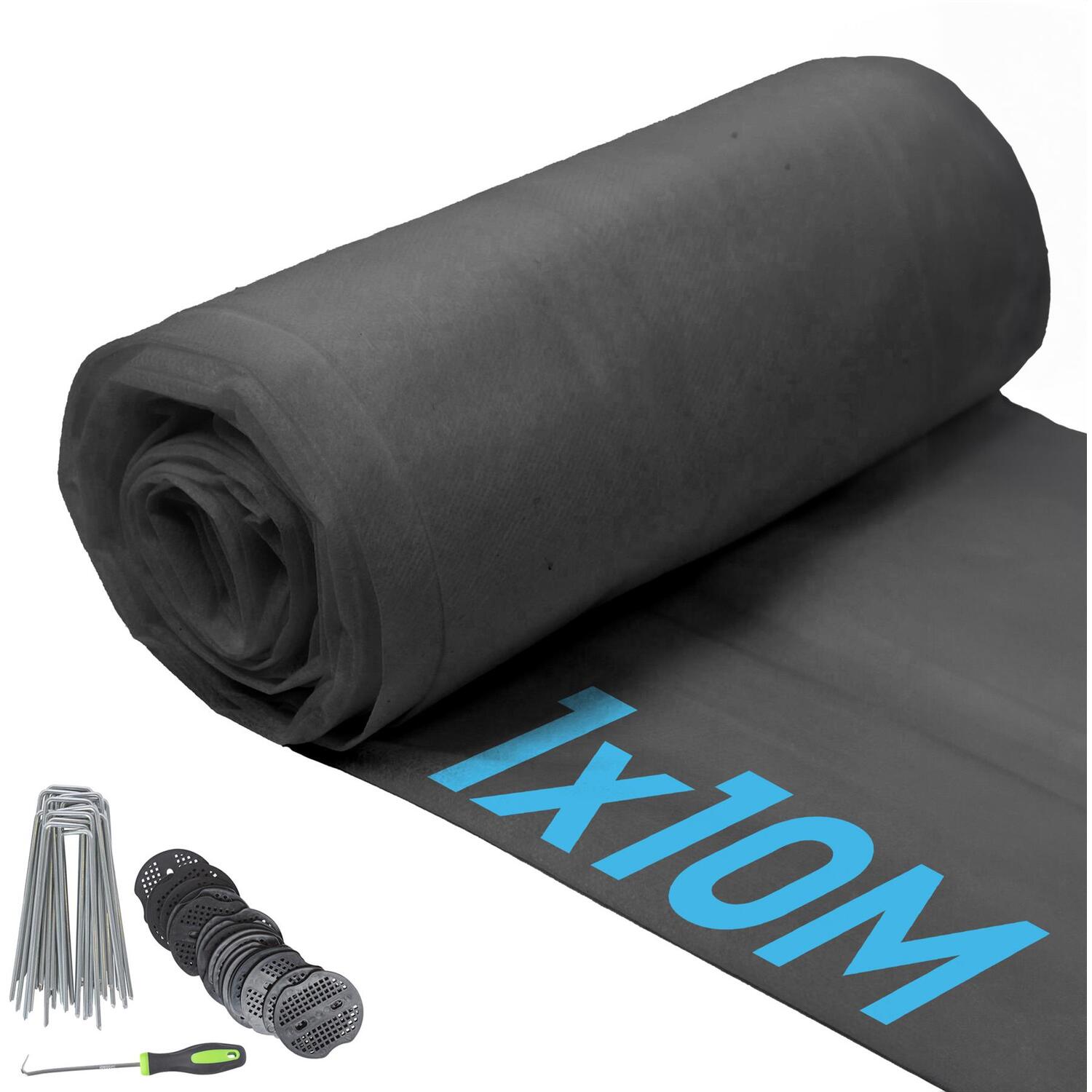 Harbour Housewares 100Gsm Weed Control Membrane With Pegs & Plates - 1M X 10M (1 Roll), Black - Image 3