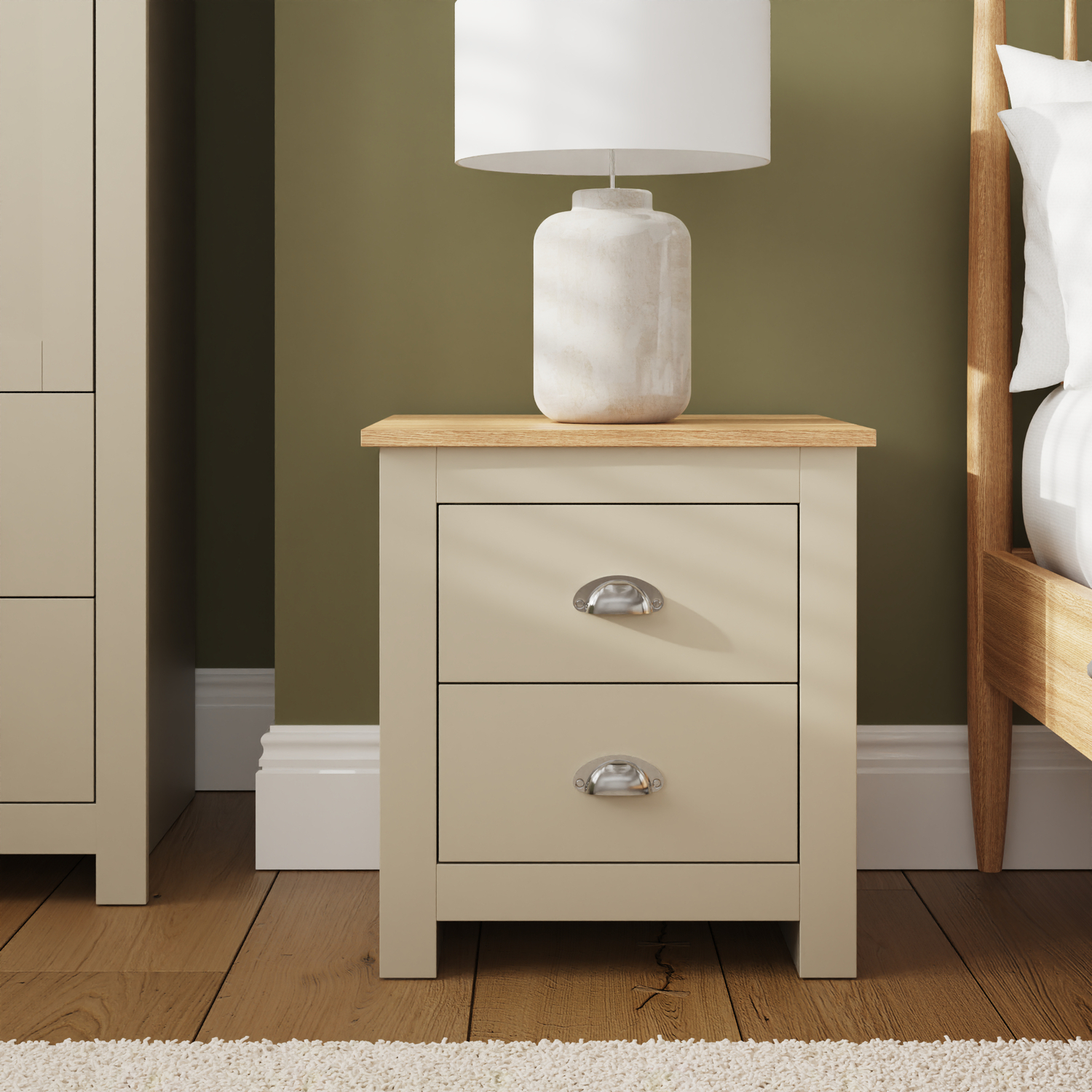 GFW Lancaster Cream and Oak 2 Drawer Bedside Table - Image 5