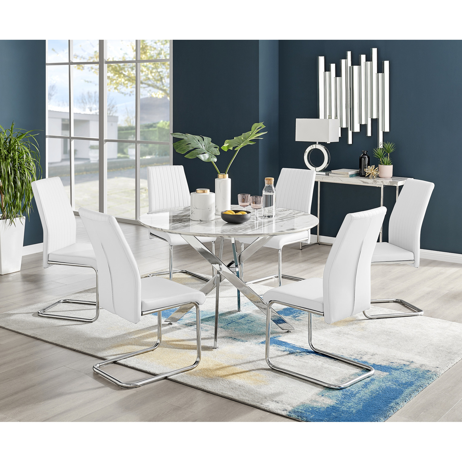 Furnitureboxuk Novara White Marble Effect 120Cm Dining Table And 6 Lorenzo Chairs - White - Image 1