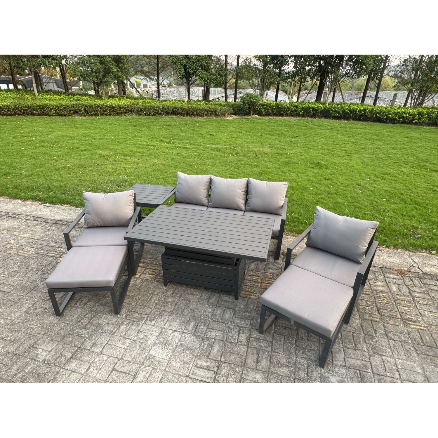 Rackhams Dark/Grey 7 Seater Aluminium Garden Furniture Set With Adjustable Rising Dining Table, 2 Chairs, 2 Footstools, Side Table - Image 2
