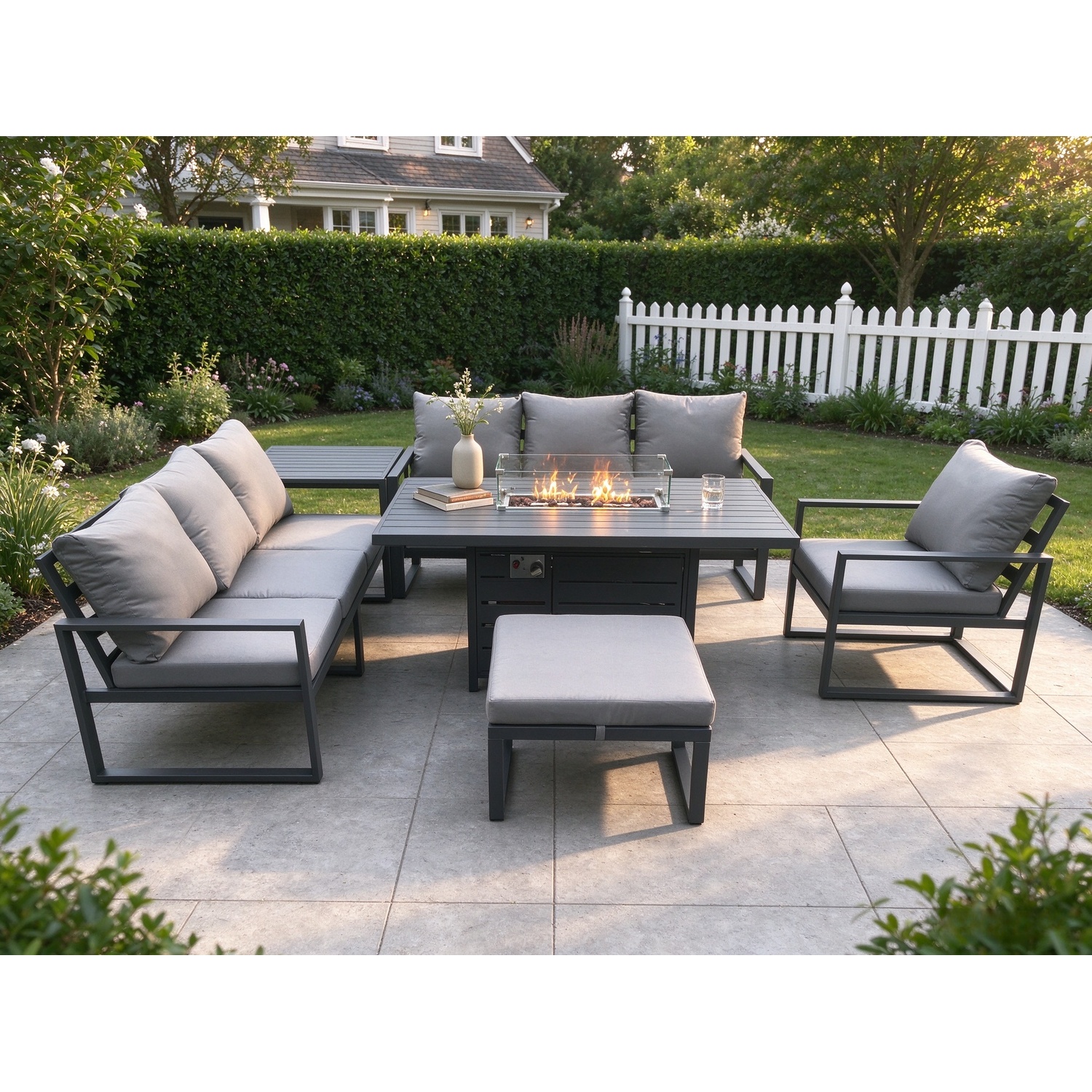 Rackhams Dark/Grey Aluminium 6 Pieces Garden Furniture Sofa Set With Cushions 8 Seater Gas Fire Pit Dining Table Set With Side Table Big Footstool - Image 2