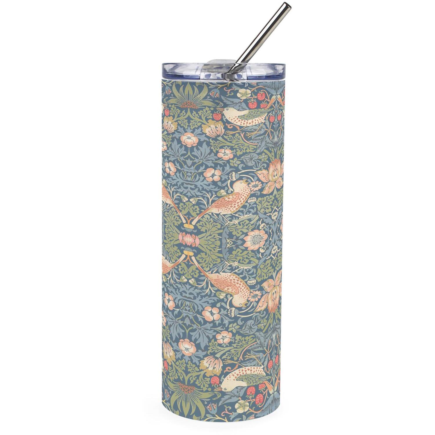 B&Q -  Strawberry Thief Blue Glass Travel FlaskWilliam Morris Artwork GiftsReusable Frosted Drinks Cup With Metal Straw - Image 3