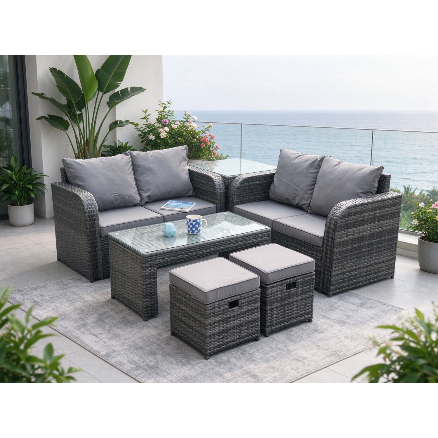 Fimous High Back Rattan Garden Furniture Set With Loveseat Sofa Coffee Table 2 Small Footstool - Image 3