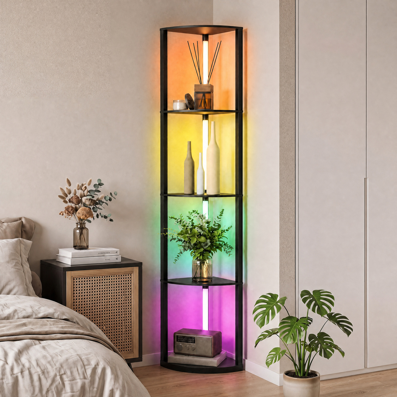 Rackhams Light/Black/Cream Modern Rgb Led Lamp With Shelves And Remote Control For Living Room - Image 3