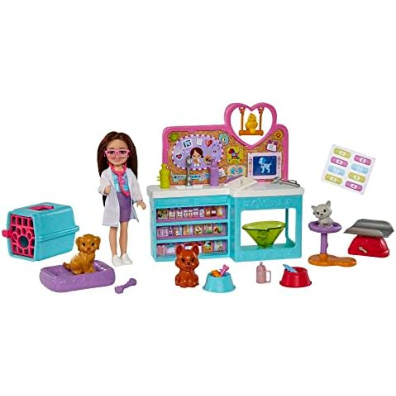 Barbie Chelsea Pet Vet Playset with Doll, 4 Animals and 18 Accessories - HGT12