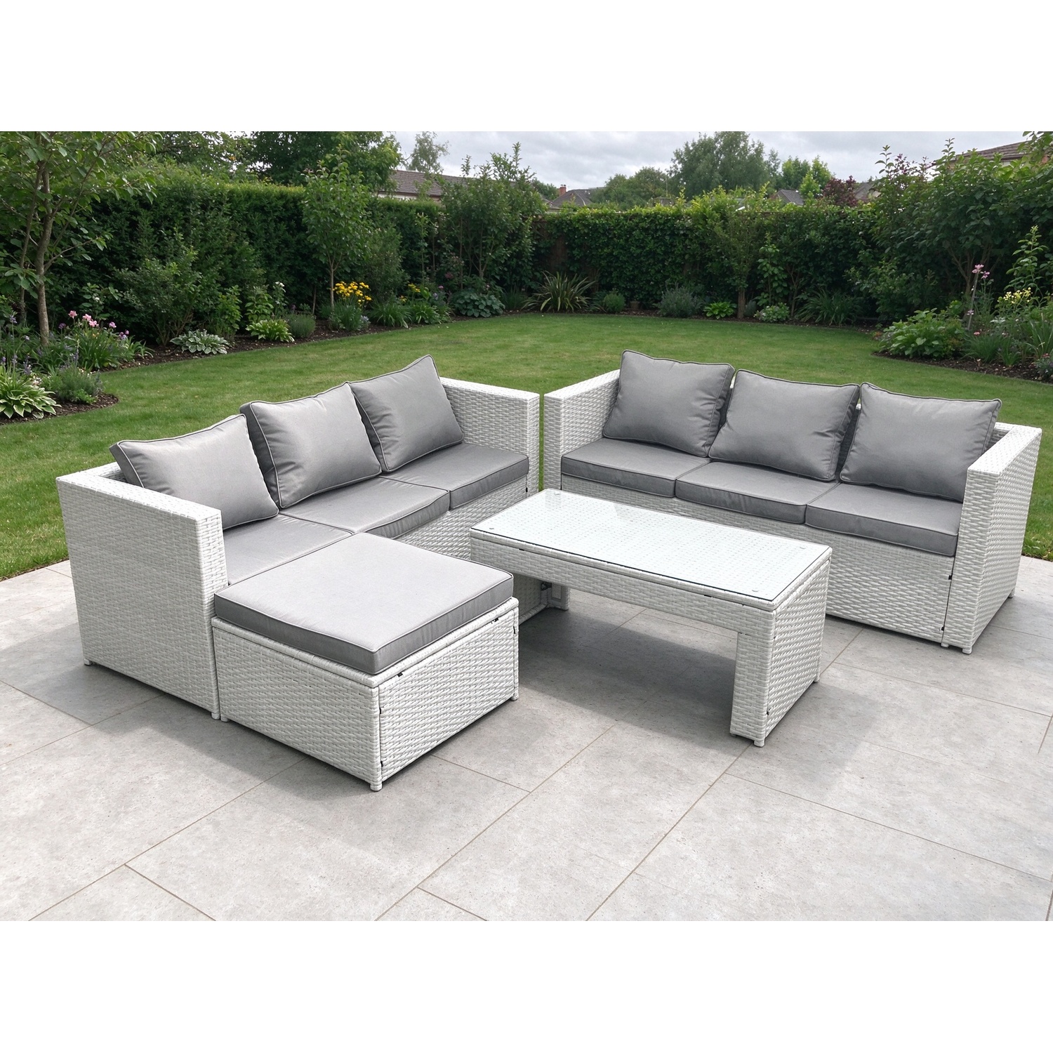 Fimous Light/Grey 7 Seater Garden Outdoor Rattan Furniture Set Rattan Garden Sofa Oblong Coffee Table With Big Footstool Mixed - Image 2
