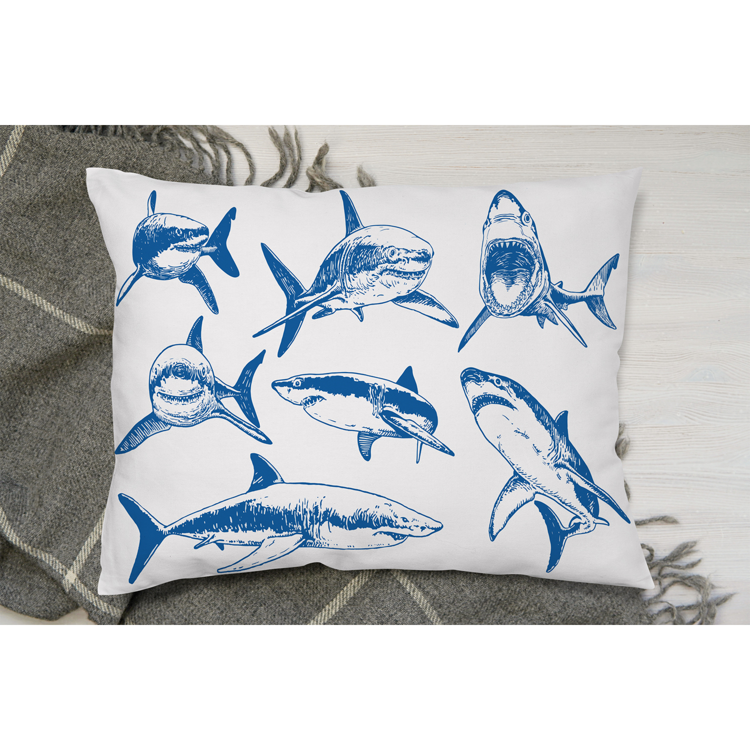 Graphical Set Of Blue Sharks Isolated On White Background Cushion - Blue