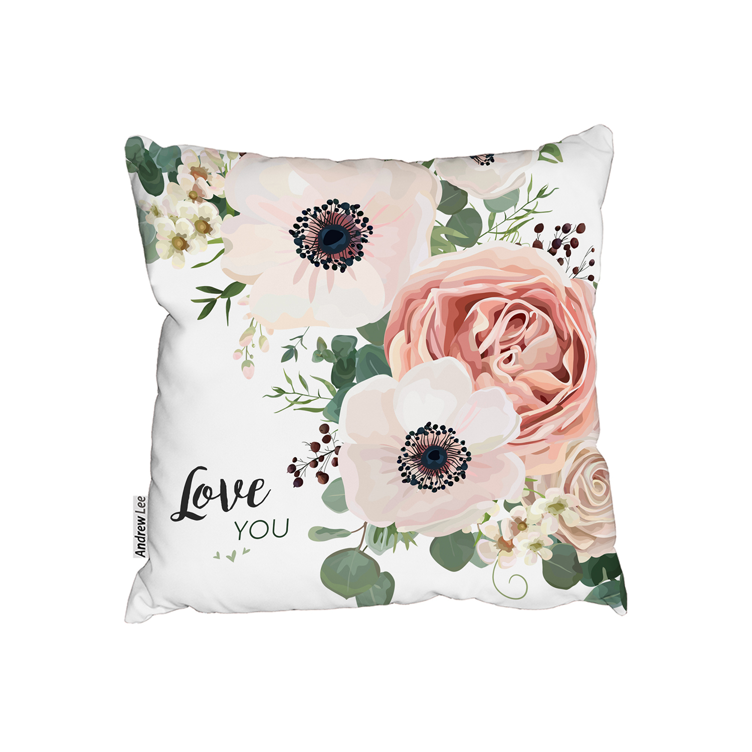 Garden Flower, Pink Peach Rose, White Anemone Cushion - Pink / 60cm