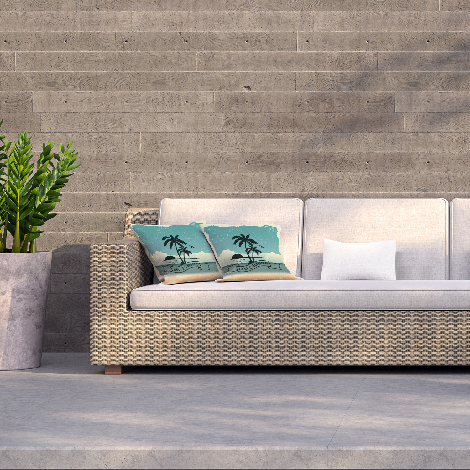 Sunset, palm trees and flying bird Outdoor Cushion - Blue / 60cm