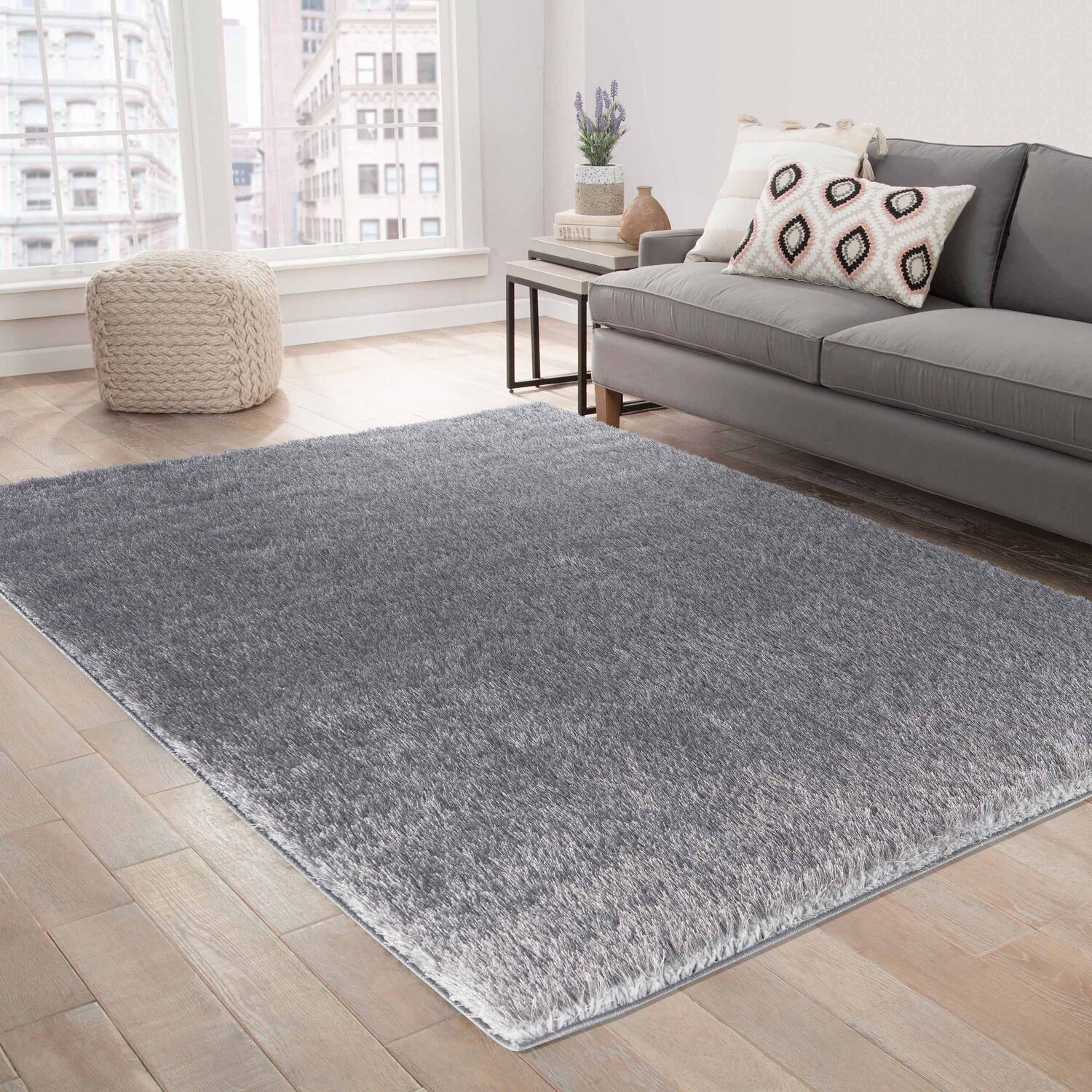 Modern Soft Plain Shimmer Shaggy Area Rugs - Silver / 80x150 cm Rectangle