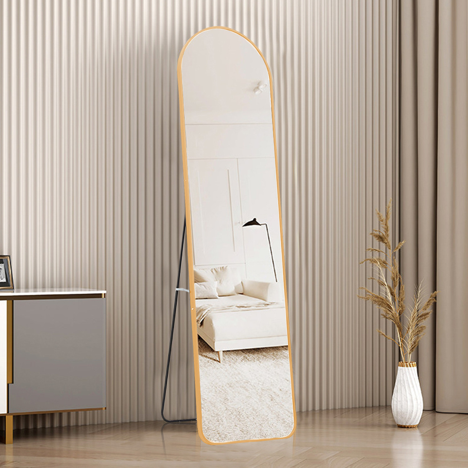 Livingandhome - 2 in 1 Modern Arched Metal Free Standing Mirror - Gold thumbnail