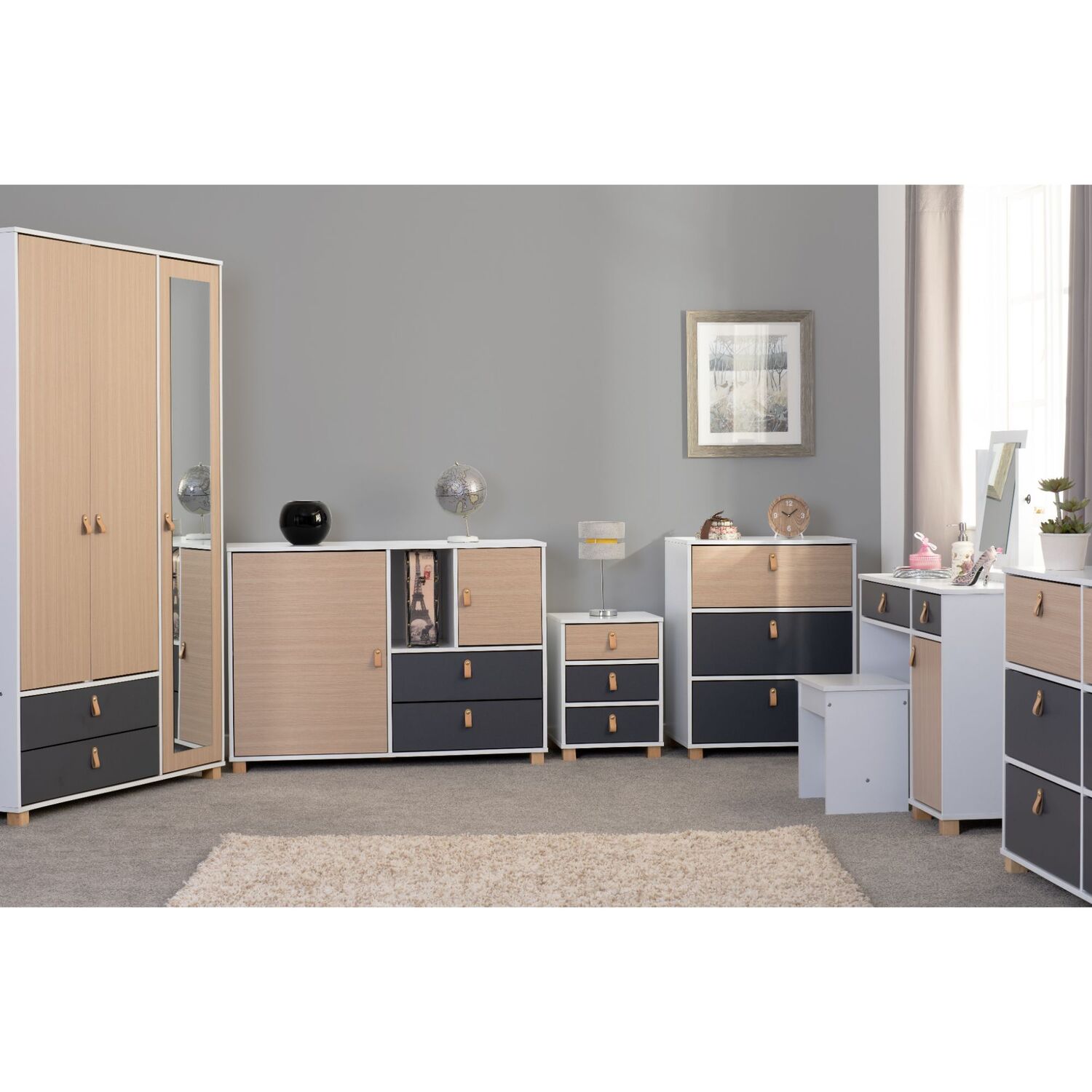 Seconique - Brooklyn 3 Door 2 Drawer Wardrobe - White, Oak Effect and Grey thumbnail