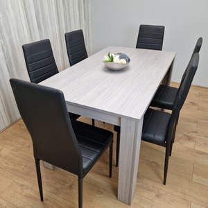 Grey Dining Table With 6 Black Leather Stitched Chairs Dining Set