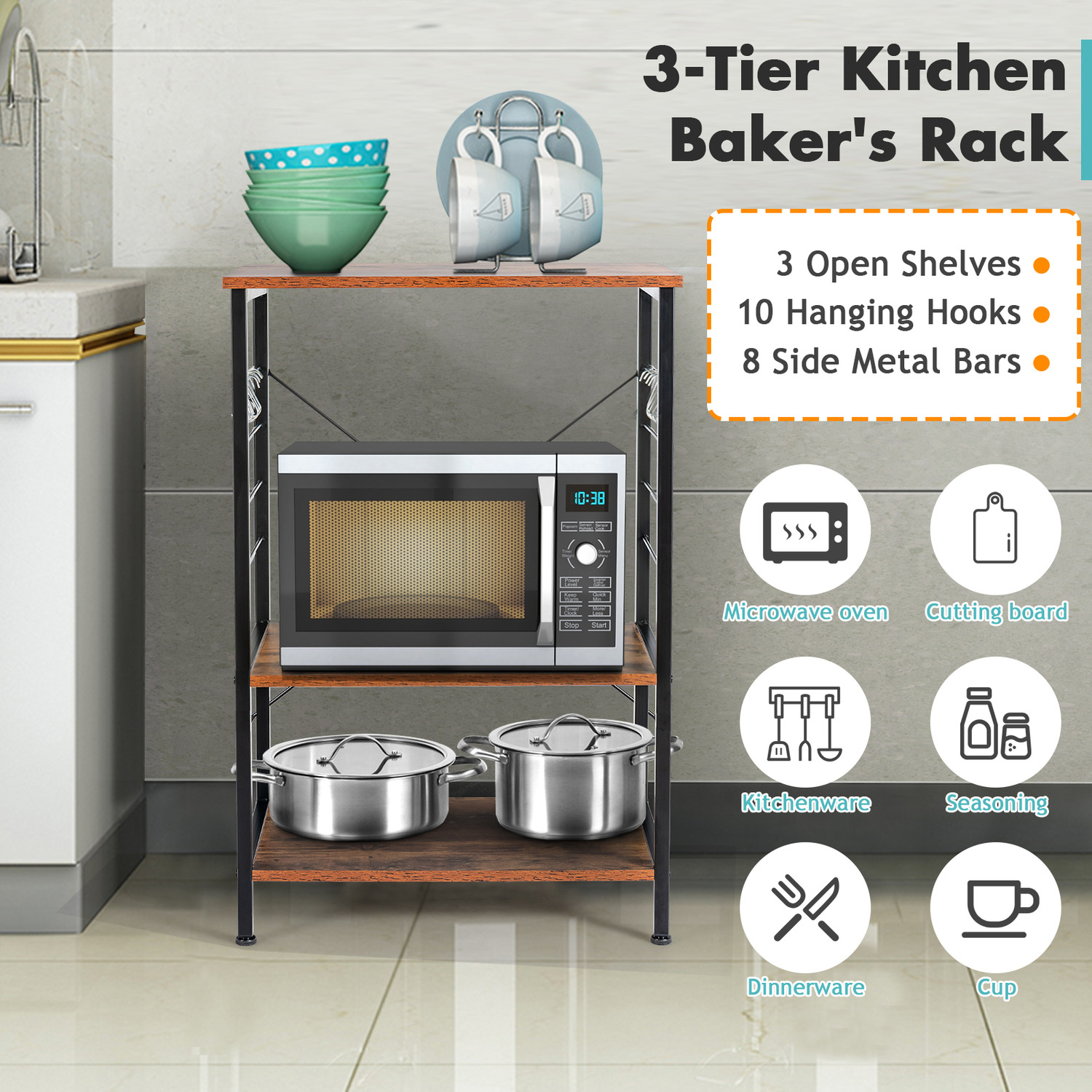 3-tier Microwave Stand Kitchen Shelf - Brown