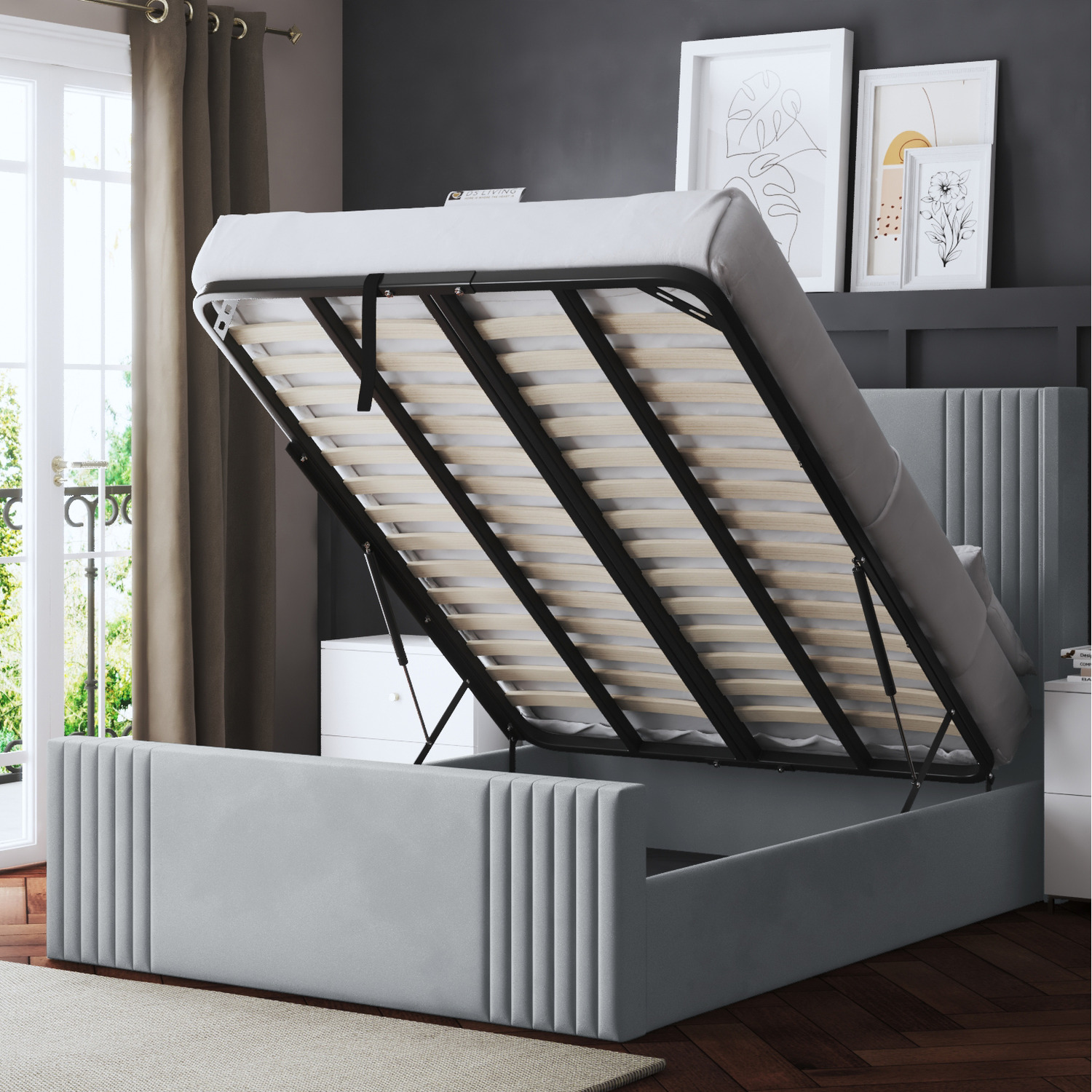 Elara Winged Ottoman Panel Bed With Headboard - Silver King