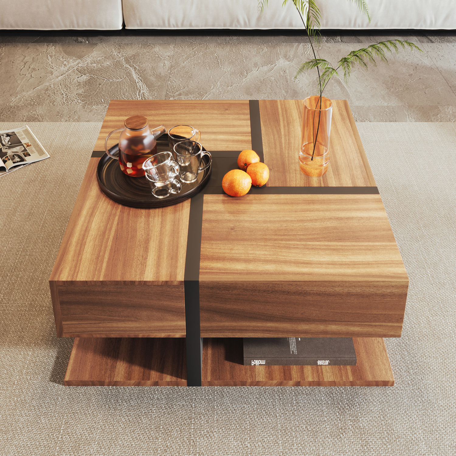 Modern Square Line Coffee Table - Brown Mdf Metal