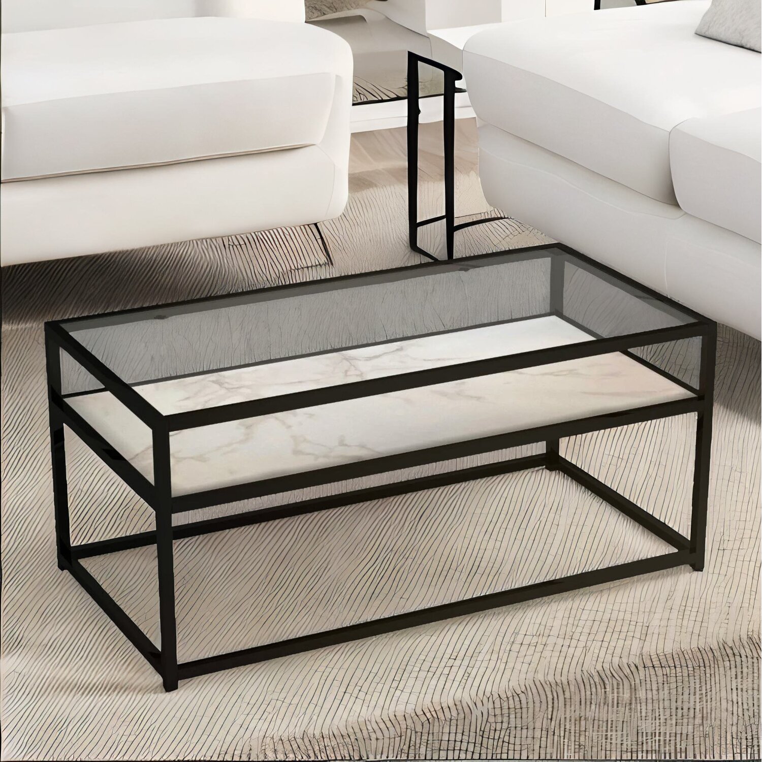 Glass Top Coffee Table With Steel Frame - White Stone White Stone